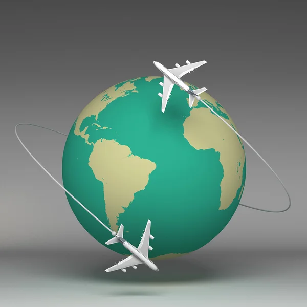 3d Planes flying around the globe — Stock Photo, Image