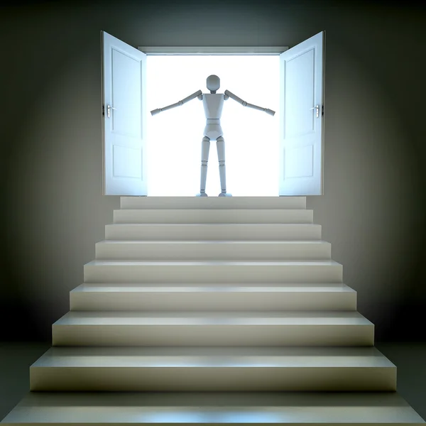 3D-zakenman terug in witte kamer met deuren openen — Stockfoto