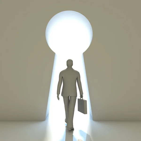 Businessman walking into a gate shaped like a keyhole — Stock Photo, Image