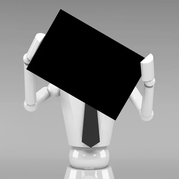3d Business doll showing a blank paper in front of face — Stock Photo, Image