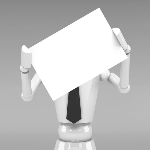 3d Business doll showing a blank paper in front of face — Stock Photo, Image