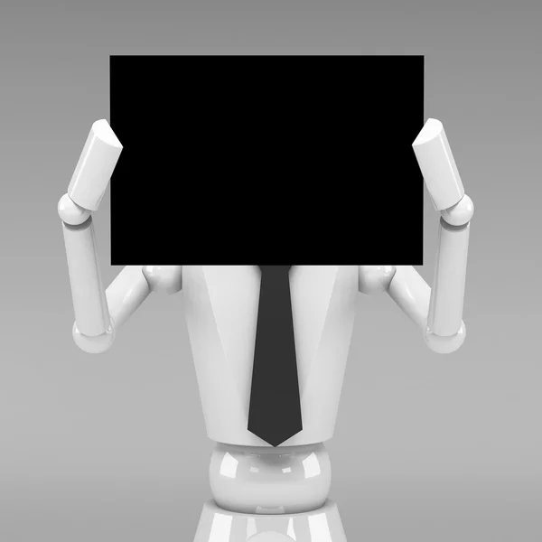 3d Business doll showing a blank paper in front of face — Stock Photo, Image