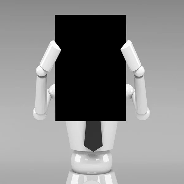 3d Business doll showing a blank paper in front of face — Stock Photo, Image