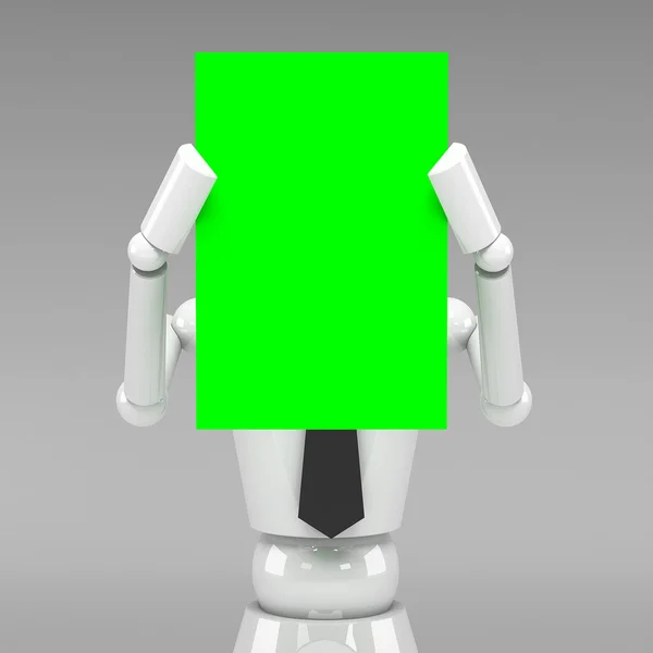 3d boneca de negócios mostrando um papel em branco na frente da cara — Fotografia de Stock