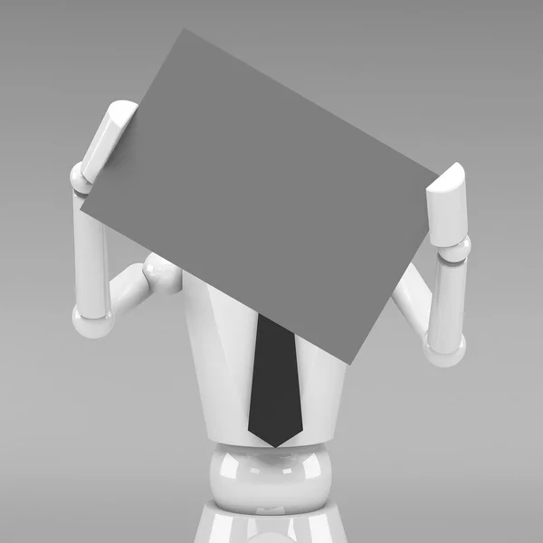 3d Business doll showing a blank paper in front of face — Stock Photo, Image