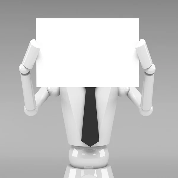 3d Business doll showing a blank paper in front of face — Stock Photo, Image