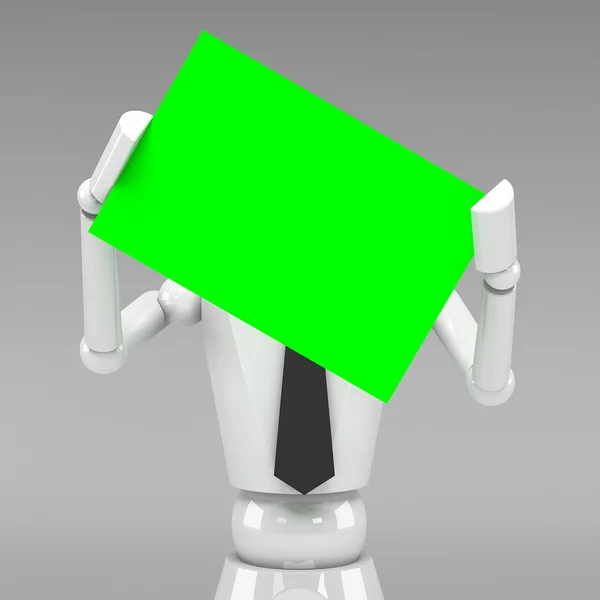 3d Business doll showing a blank paper in front of face — Stock Photo, Image