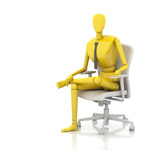 3d Geschäftsmann Puppe sitzt auf Stuhl — Stockfoto