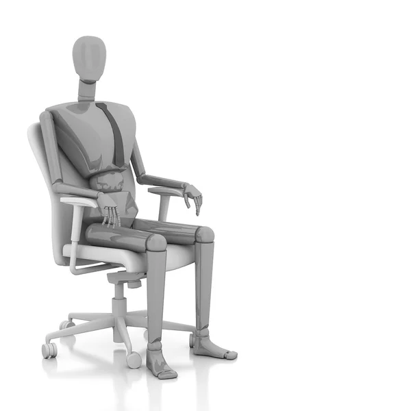 3d Geschäftsmann Puppe sitzt auf Stuhl — Stockfoto