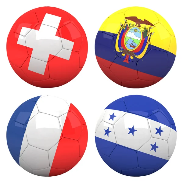 3D футбольні м'ячі з прапорами команд E групи — стокове фото