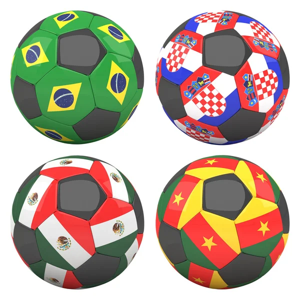 3D-Fußballbälle mit Gruppen- und Mannschaftsfahnen — Stockfoto