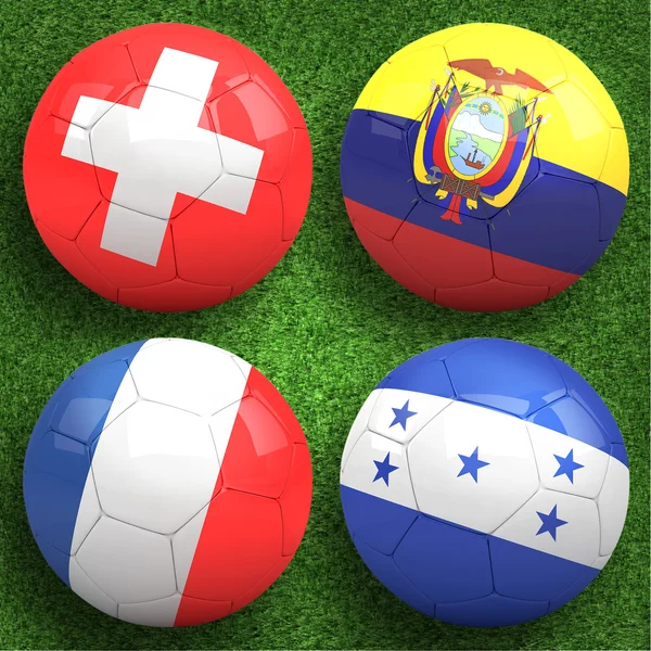 Futball-labdák, e csoport csapat zászlók — Stock Fotó