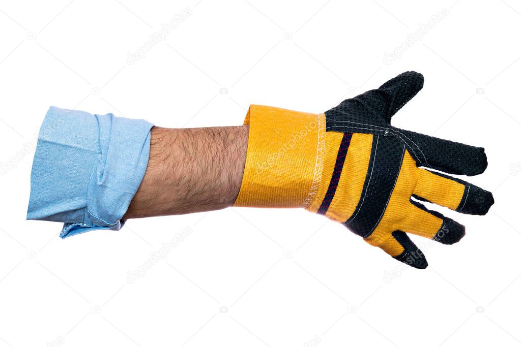 Mans hand in construction glove. Handshake of worker. Isolated object on white background. Concept.