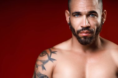 Güzel mavi gözlü Kübalıların stüdyo portresi ya da kaslı şişirilmiş vücutlu Latinler. Dövmeli güzel bir vücut.