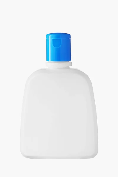 Plastic jar with blue lid on white background. This is white container for cosmetic or medication. Layout — ストック写真
