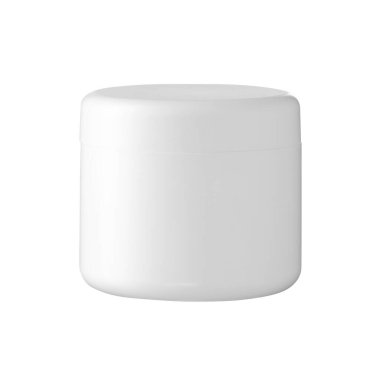 Beyaz arka planda izole edilmiş beyaz kozmetik kavanoz. Yüz kremi ya da cilt bakım ürünü. Damgalamak için model.