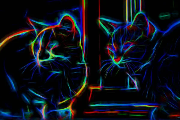 Due gatti al neon si siedono insieme. Illustrazione astratta illustrazione illustrazione di animali domestici su sfondo scuro. — Foto Stock