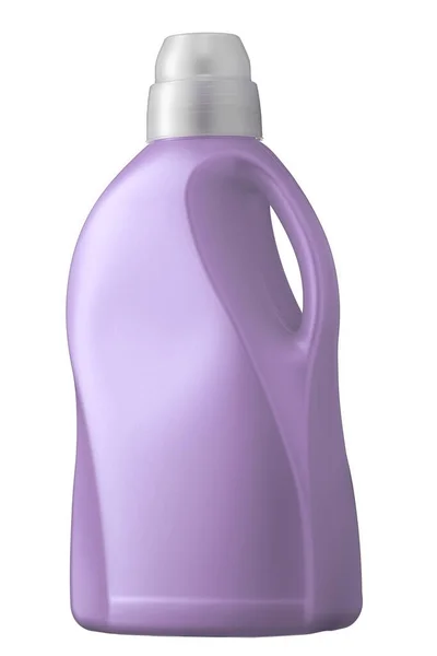 白い背景に隔離された洗剤または生地の柔軟剤の紫色のプラスチックボトル。コラージュのレイアウト。正面図. — ストック写真