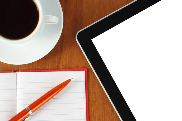 Komputer typu Tablet, notatnik, długopis, pieniądze i filiżankę kawy — Zdjęcie stockowe