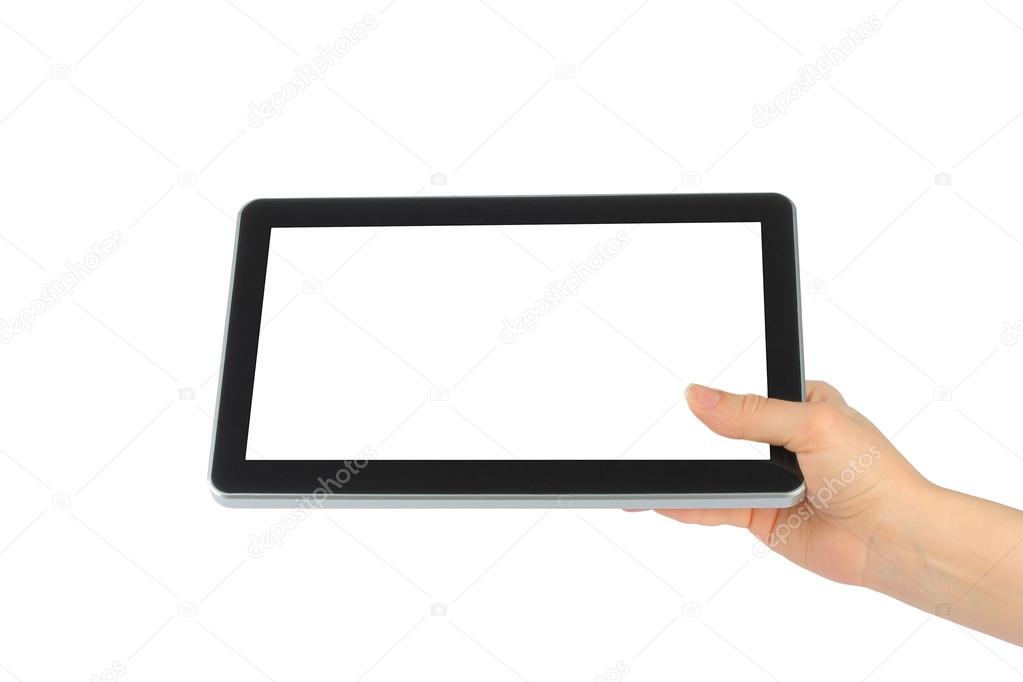 Woman hand holding touch screen device