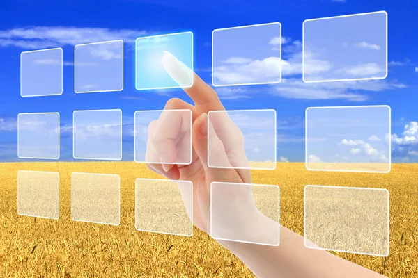 Woman hand pushing virtual icons on interface over wheat field — Stock Photo, Image