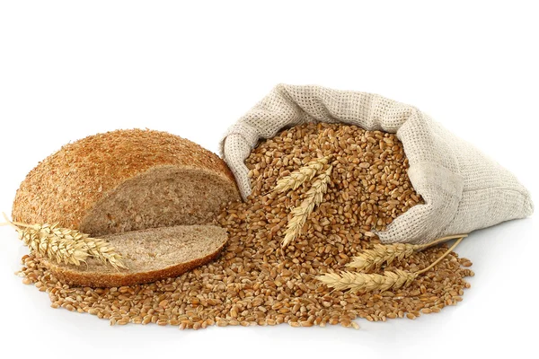 Sacchetto con grano, pane e spighe — Foto Stock