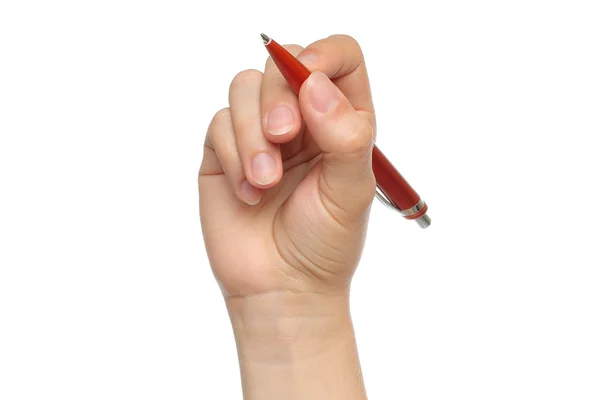 Hand met oranje pen — Stockfoto