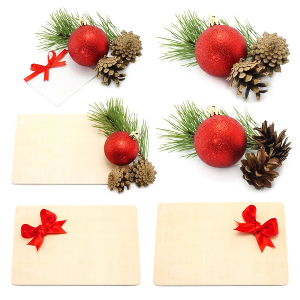 Set of Christmas compositions with balls and boards — Stock Photo, Image