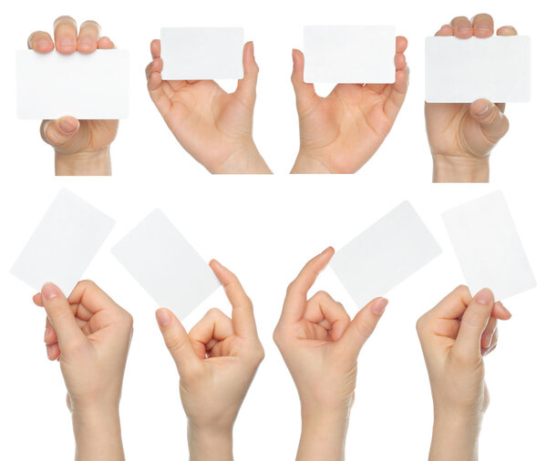 Hands hold business cards collage