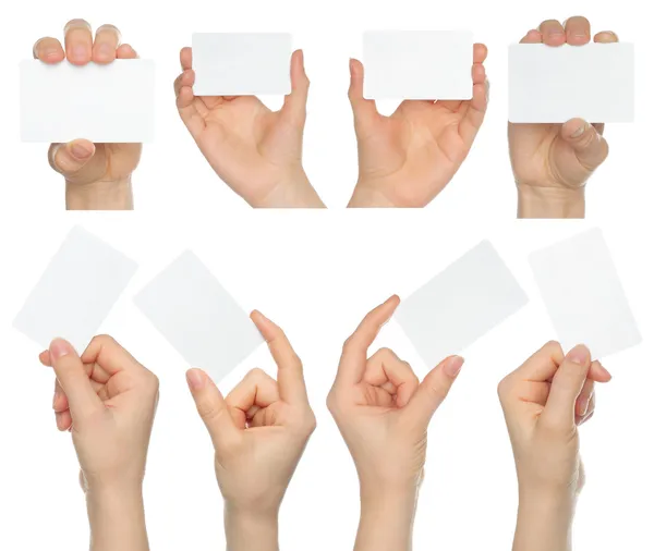 Τα χέρια κρατούν κολάζ επαγγελματικές κάρτες — Φωτογραφία Αρχείου