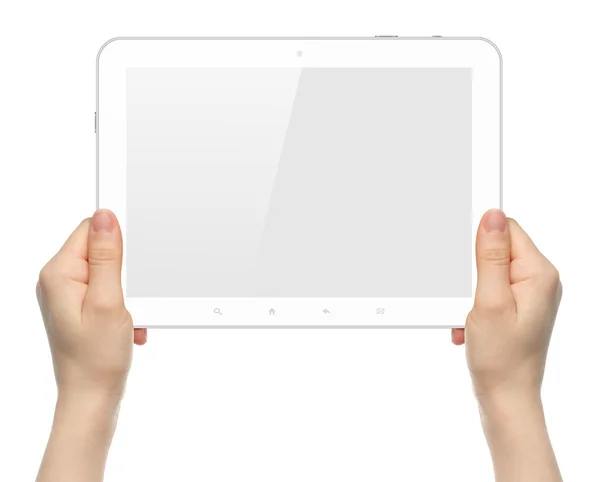 Kvinna händer med vita tablet pc — Stockfoto