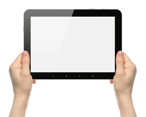 Woman hands holding black tablet PC — Stock Photo, Image