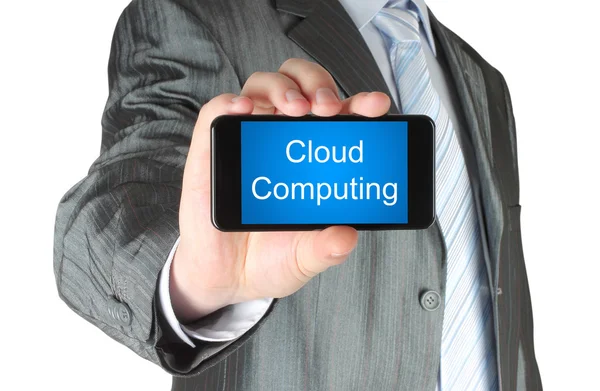 Businessman holds smart phone with cloud computing words — Stock Photo, Image