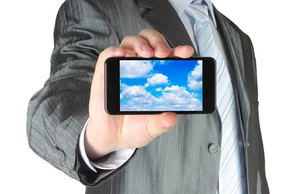 Businessman detiene smart phone con concetto di cloud computing — Foto Stock