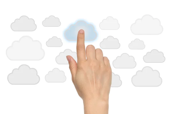 Koncepcja chmury obliczeniowej z ręką kobiety — Zdjęcie stockowe