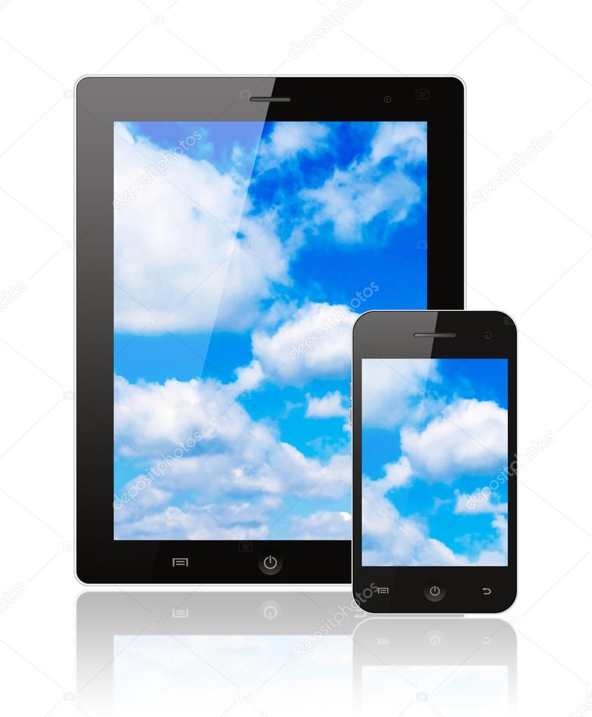 Tablet pc and smart phone with blue sky