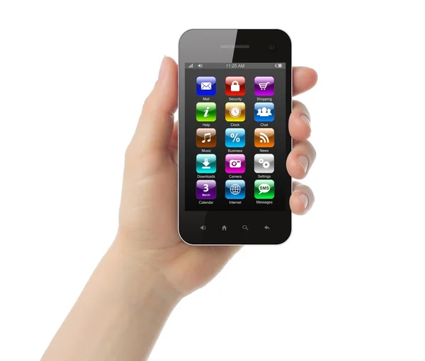 Woman hand holds smart phone with icons — Stock Photo, Image