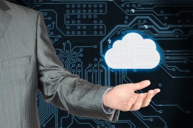 koyu devre kartı arka plan bulut ile işadamı