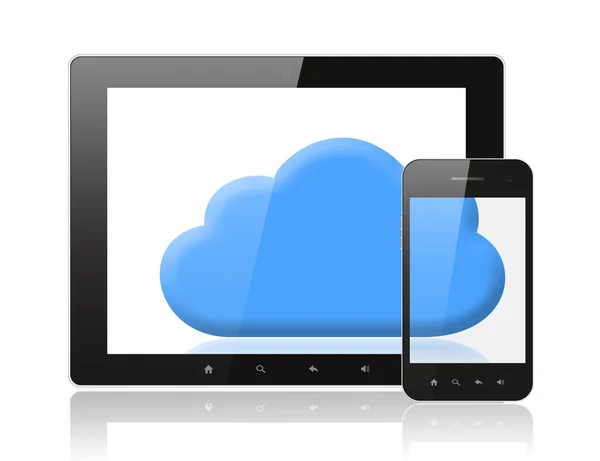 タブレット pc やスマート フォン青い雲 — ストック写真