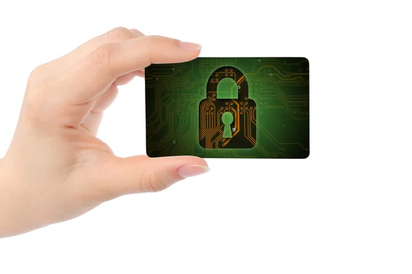 Mão com cartão digital e bloqueio fechado — Fotografia de Stock