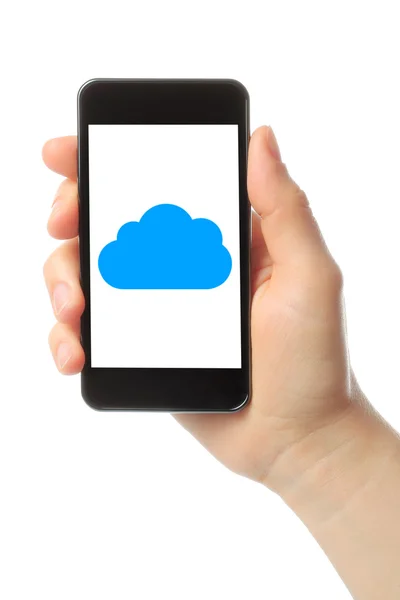 Mulher mão detém telefone inteligente com conceito de computação em nuvem — Fotografia de Stock