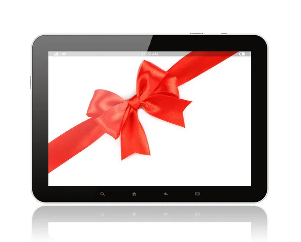 Tablet PC with red bow — Stock Photo, Image