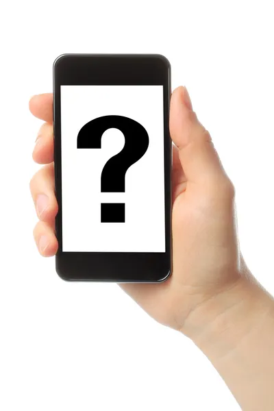 Woman hand holds smart phone with question mark — Stock Photo, Image