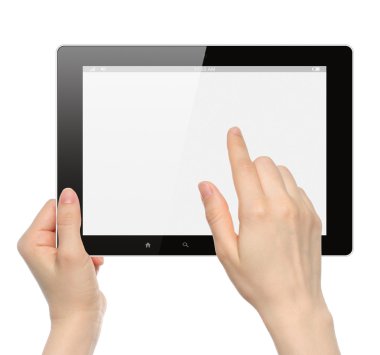 kadının ellerini tutun ve tablet pc dokunma