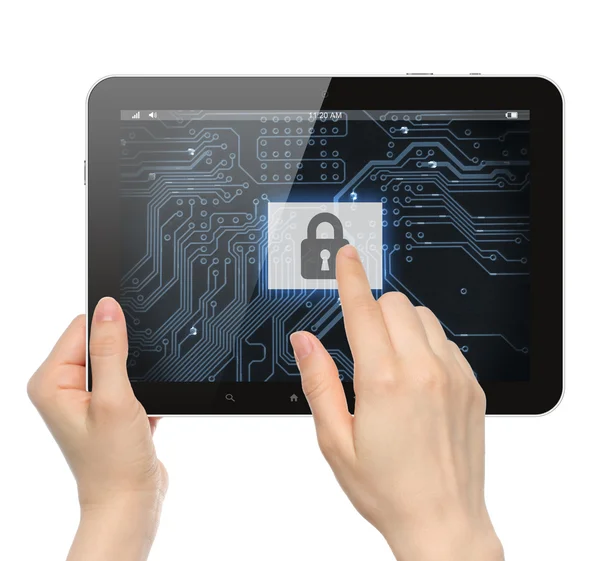 Hand pushing virtual security button on digital background of tablet PC — Stock Photo, Image