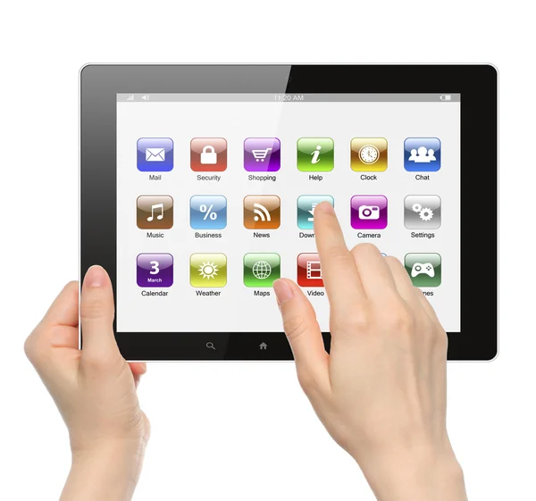 Woman hands hold and touch icon on tablet PC — Stock Photo, Image