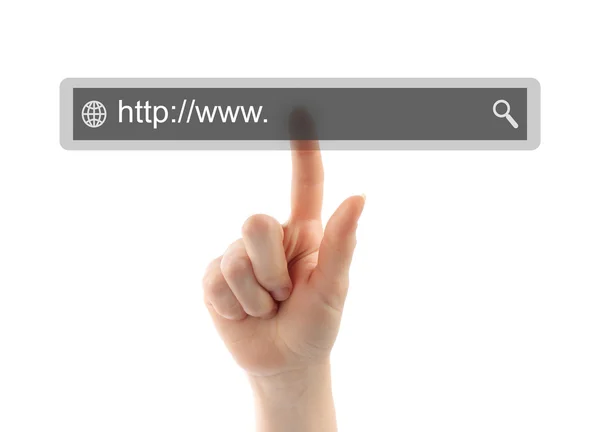 Mão empurrando barra de pesquisa virtual — Fotografia de Stock