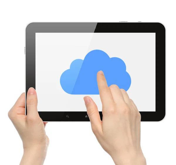 Frauenhände halten und berühren Tablet-PC mit Cloud — Stockfoto