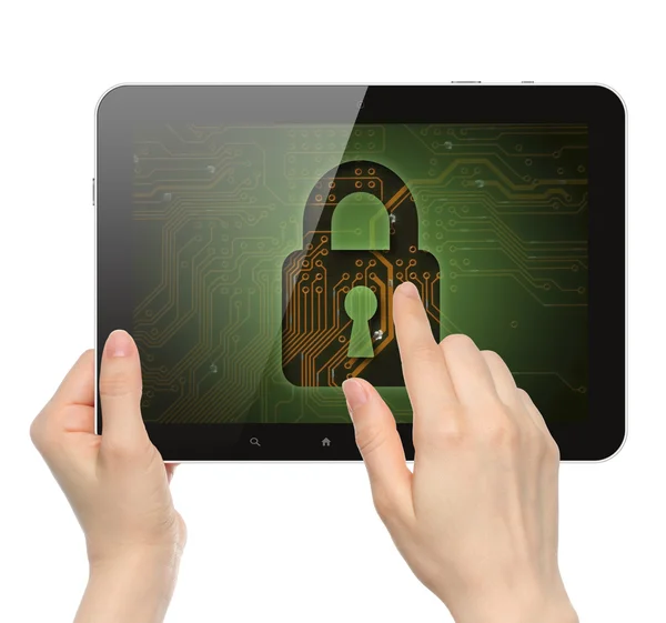 Women hands hold and touch tablet PC with lock — Stock Photo, Image