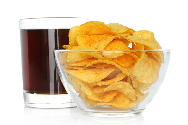 Glass of cola with potato chips — Stock Photo, Image